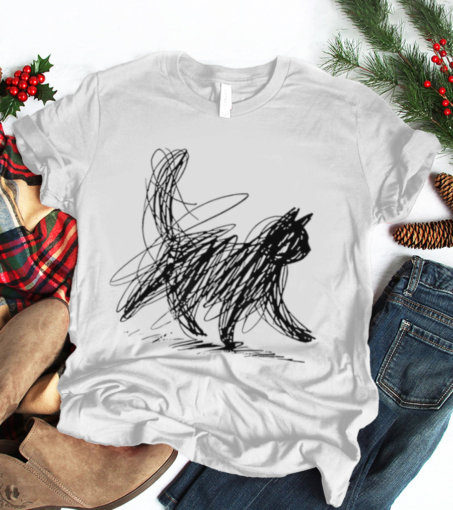 Minimalist Cat Scribble Sketch T-Shirt
