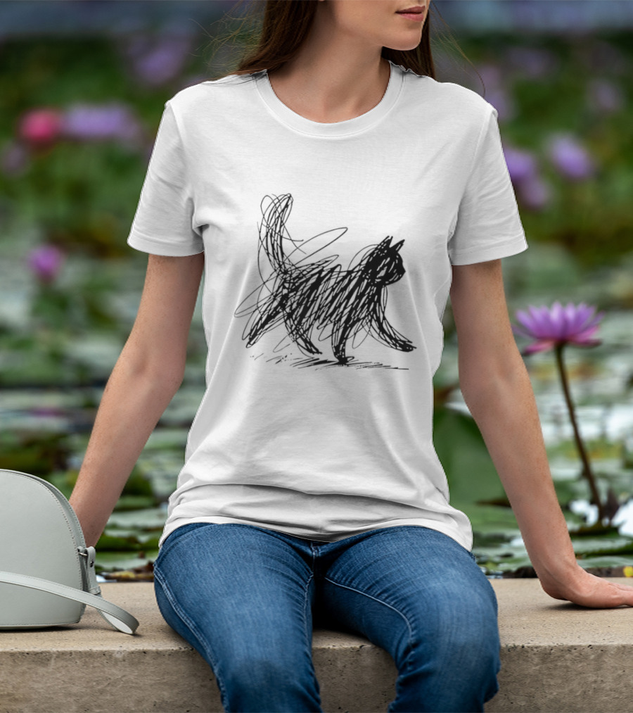 Minimalist Cat Scribble Sketch T-Shirt