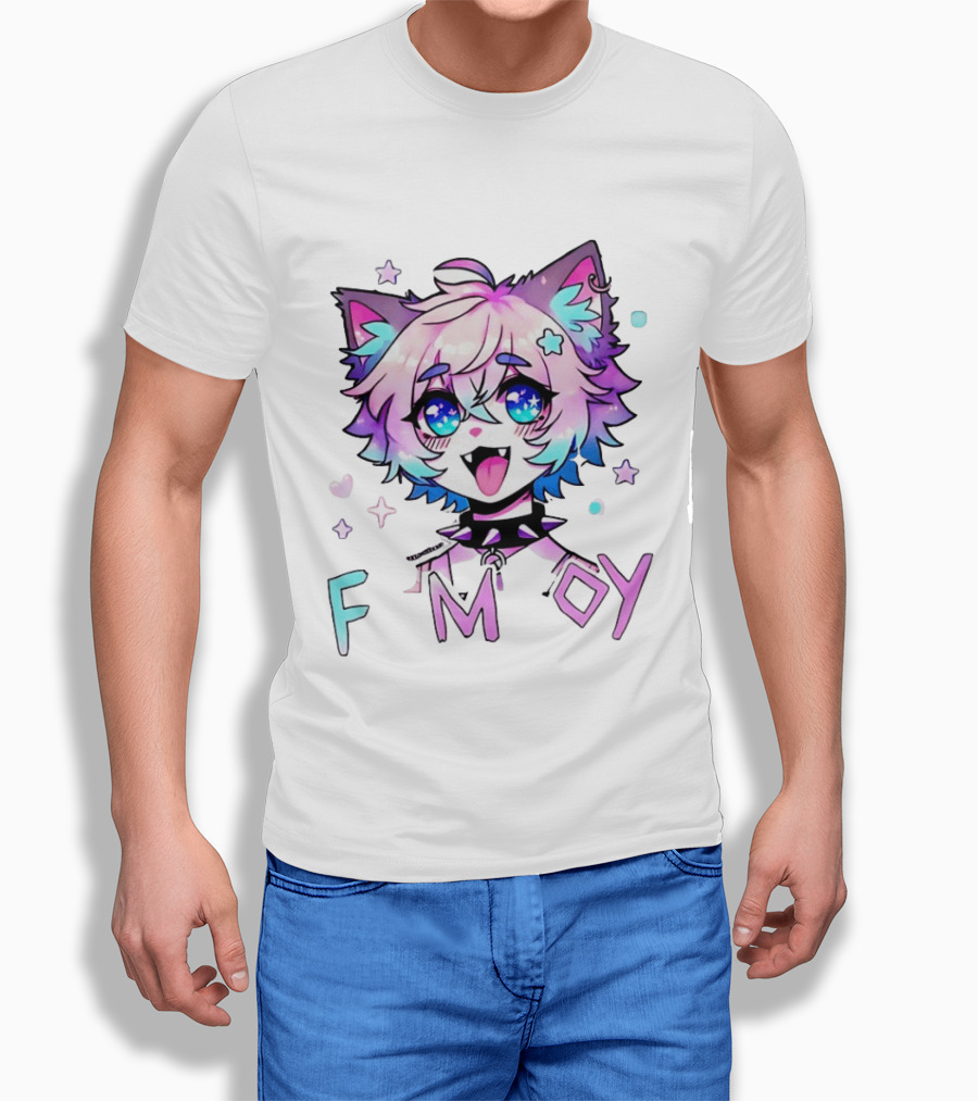 Femboy Cat Boy Anime Spike Collar Starry Eyes Pastel Ears T-Shirt