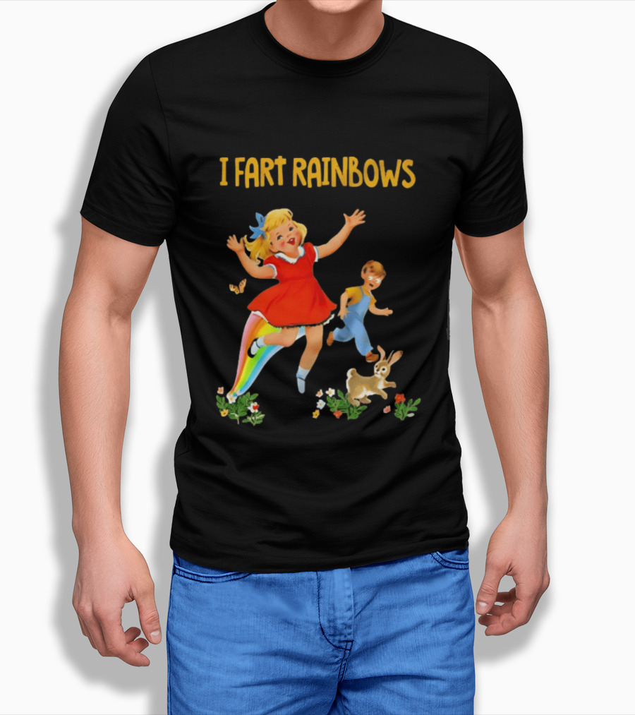 I Fart Rainbows Vintage Retro Kids Playing Butterflies Rabbits Flowers T-Shirt