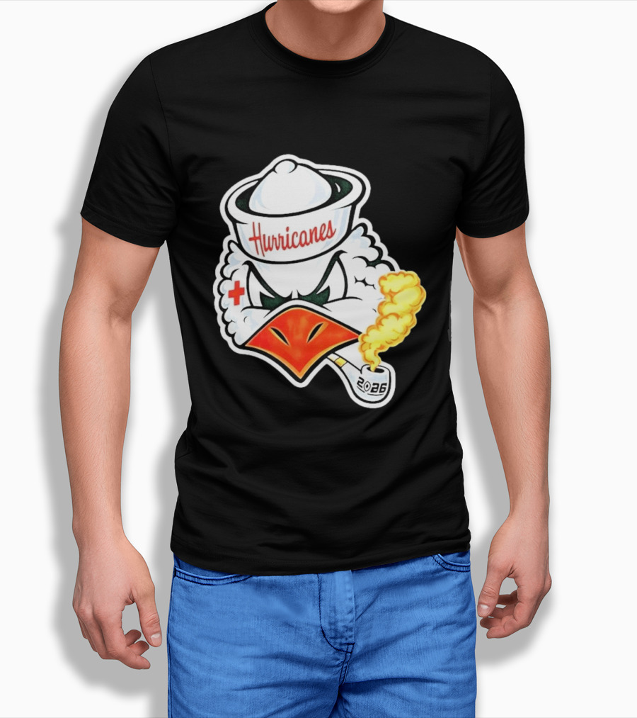 Miami Hurricanes Sebastian Mascot 2026 Pipe Gold Smoke T-Shirt