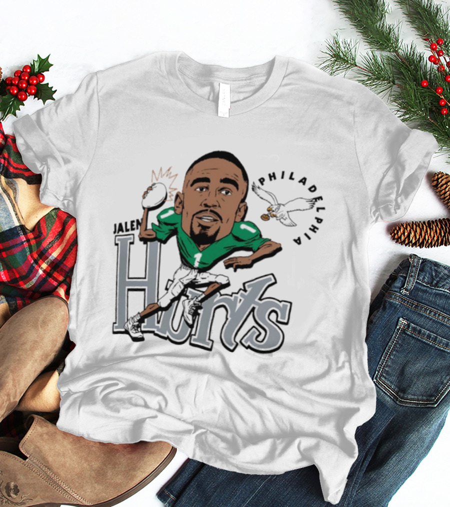Jalen Hurts Philadelphia Eagles Football Caricature Running Action T-Shirt