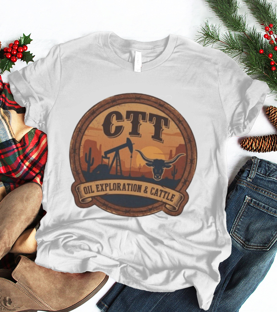 CTT Oil Exploration & Cattle West Texas Sunset Pumpjack And Longhorn Desert Scene T-Shirt