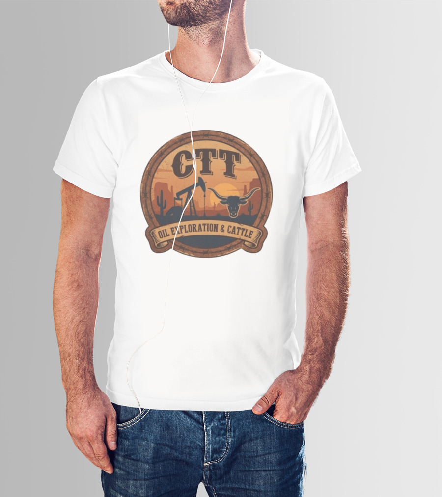 CTT Oil Exploration & Cattle West Texas Sunset Pumpjack And Longhorn Desert Scene T-Shirt