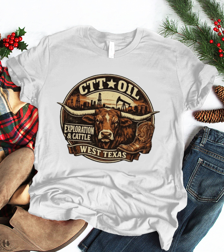 CTT Oil Exploration And Cattle West Texas Longhorn Boot Iconography T-Shirt