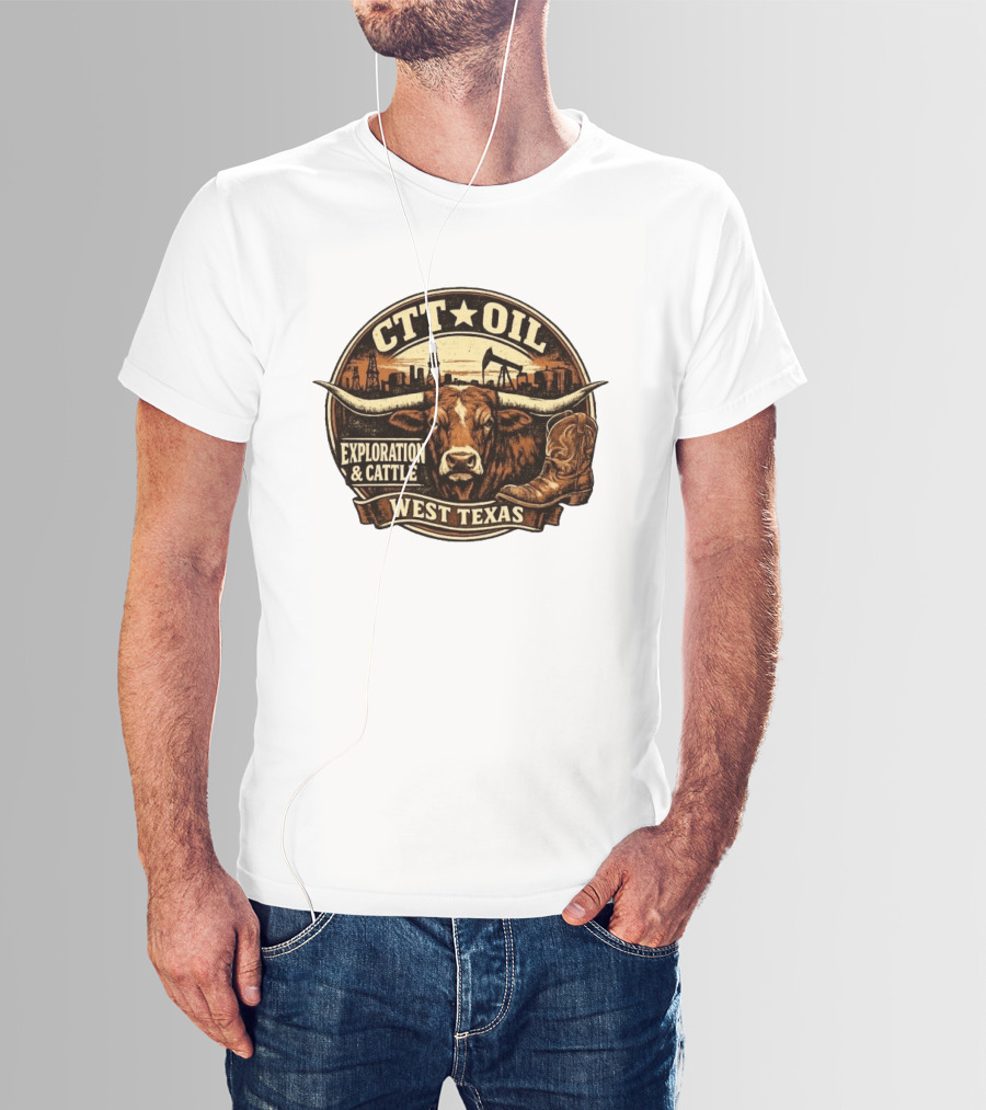 CTT Oil Exploration And Cattle West Texas Longhorn Boot Iconography T-Shirt