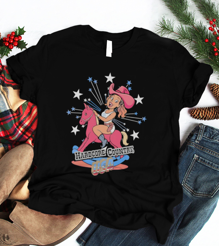 Hardcore Country USA Cowgirl Riding Pink Horse With Stars T-Shirt