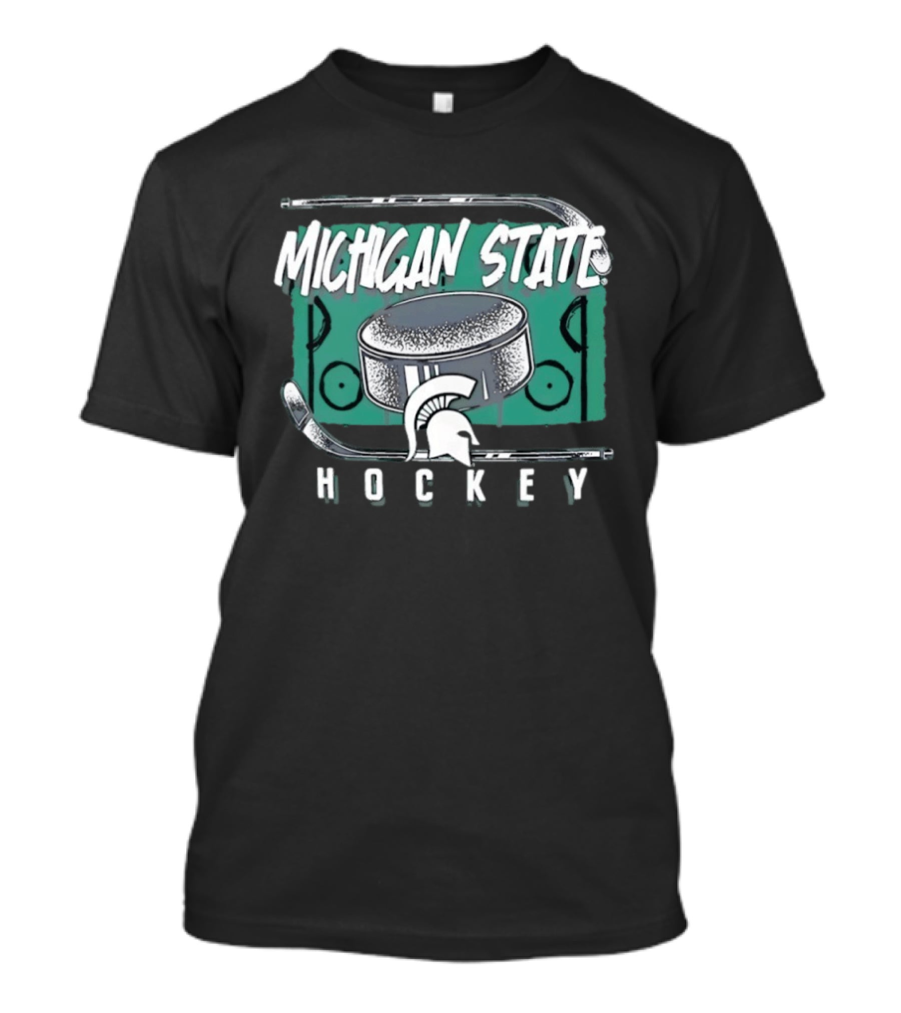 Michigan State Spartans Hockey Puck With Spartan Helmet And Sticks T-Shirt