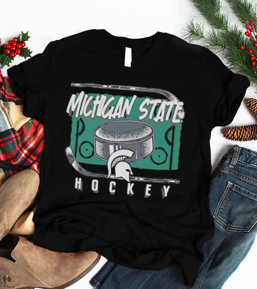 Michigan State Spartans Hockey Puck With Spartan Helmet And Sticks T-Shirt