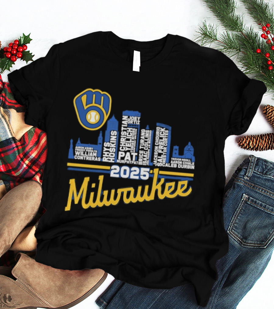 Milwaukee Brewers 2025 City Skyline Baseball Players Names T-Shirt