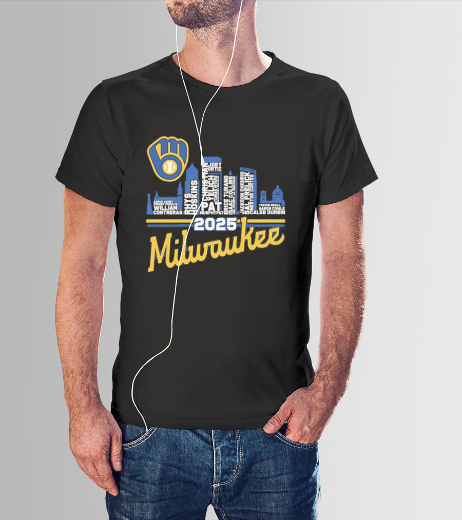 Milwaukee Brewers 2025 City Skyline Baseball Players Names T-Shirt
