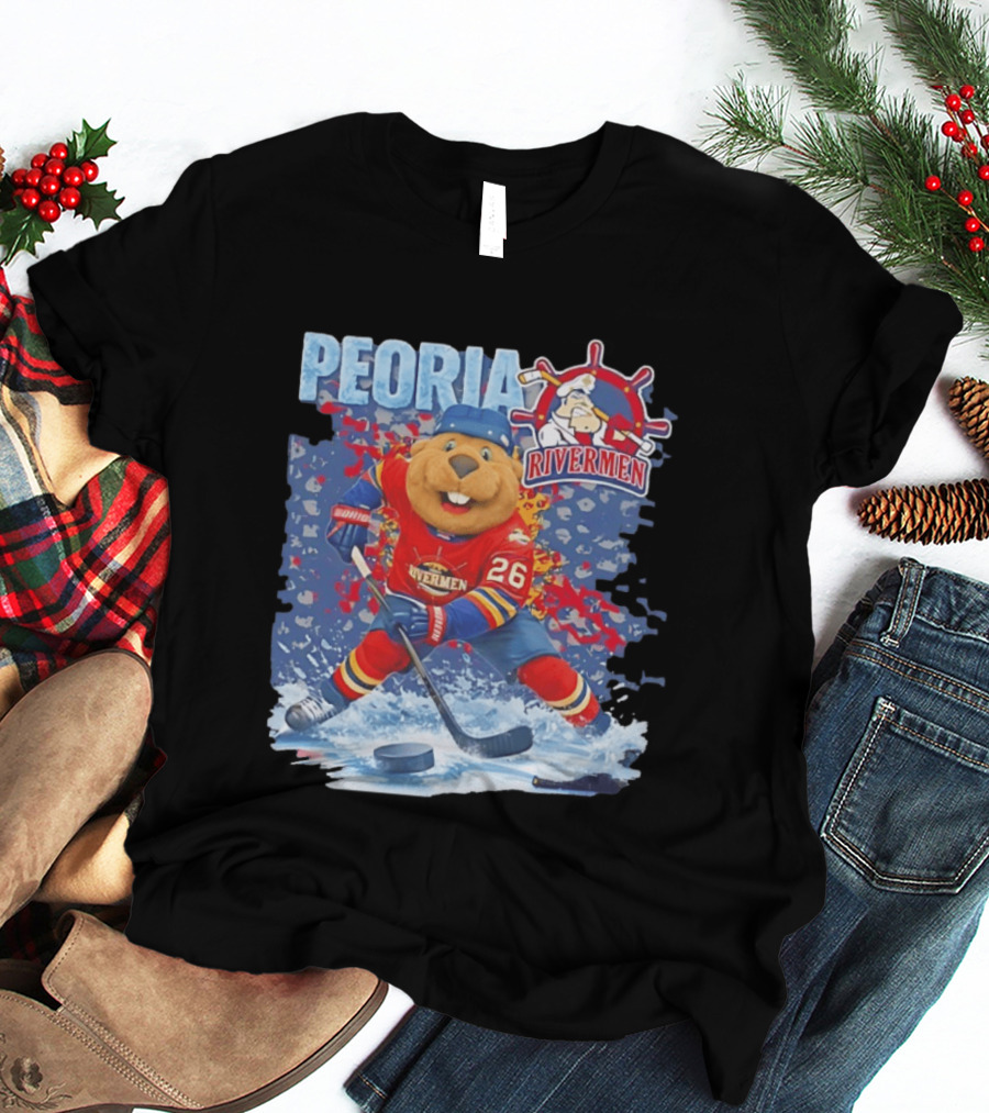 Rocky Peoria Rivermen Hockey Beaver Mascot Skating T-Shirt