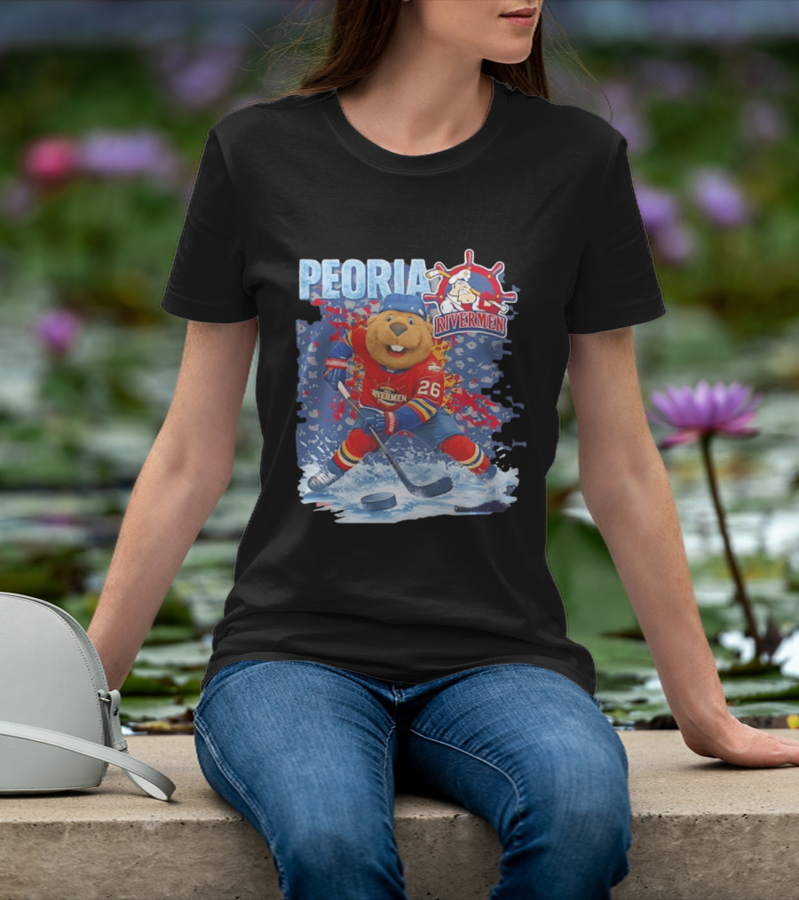 Rocky Peoria Rivermen Hockey Beaver Mascot Skating T-Shirt