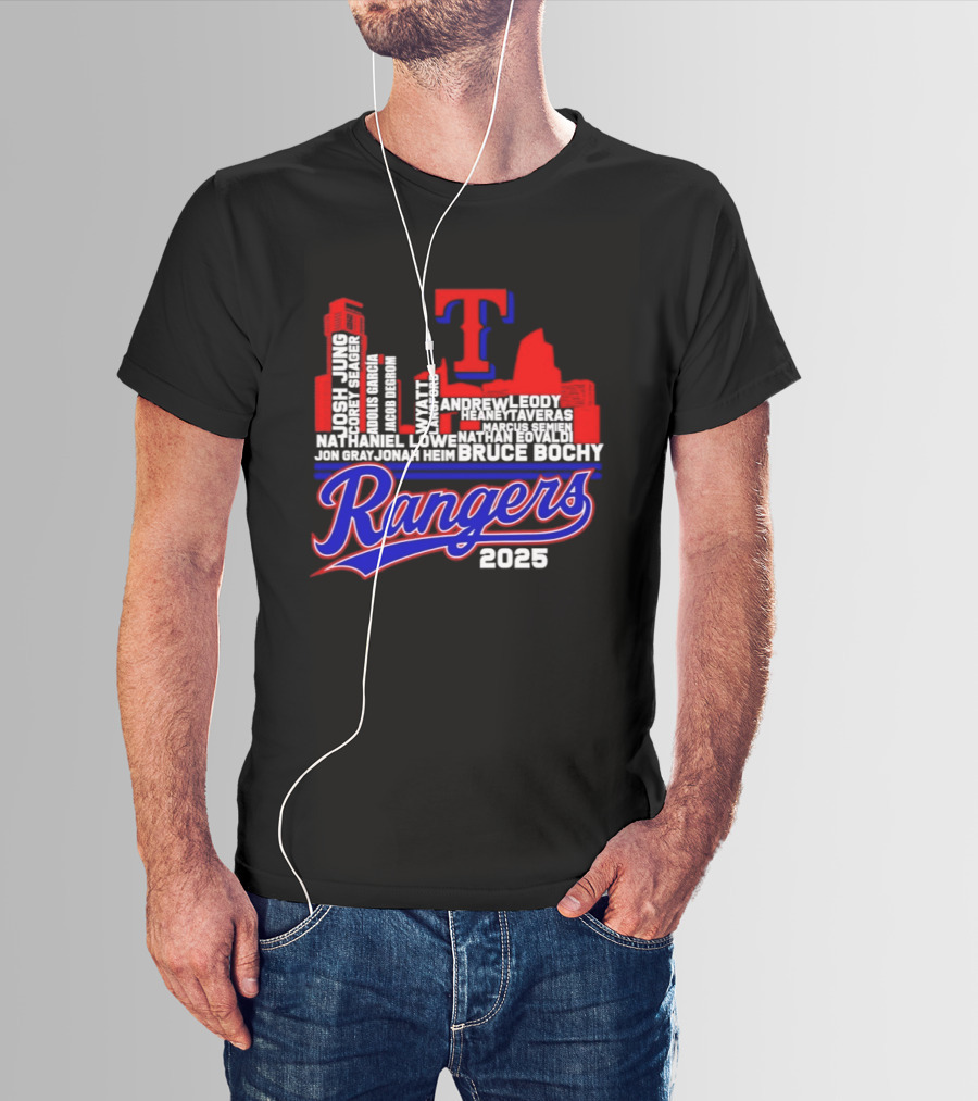 Texas Rangers 2025 City Skyline Players Names Bruce Bochy T-Shirt