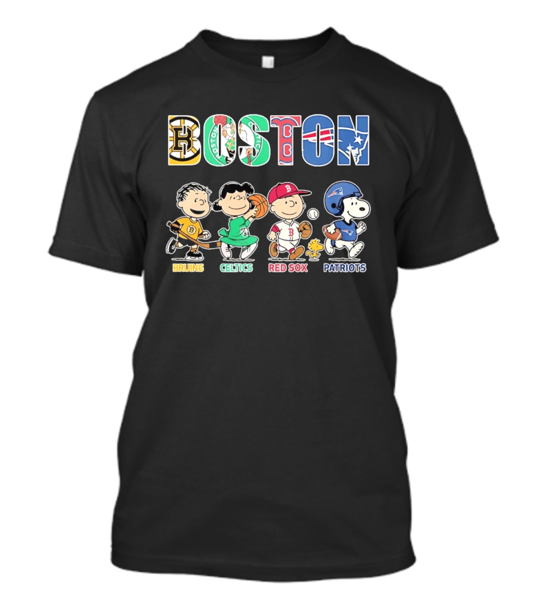 Peanuts Characters In Boston Bruins Celtics Red Sox Patriots Team T-Shirt