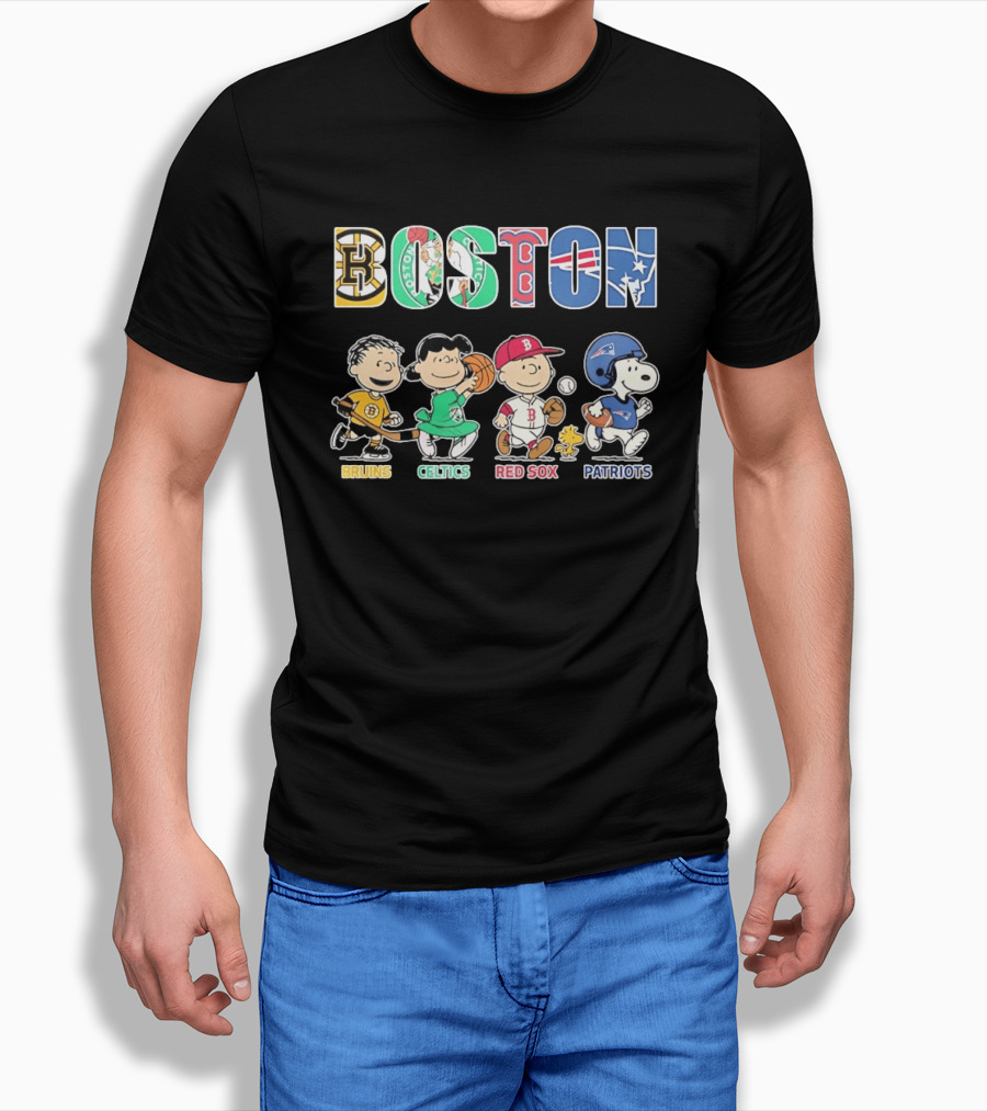 Peanuts Characters In Boston Bruins Celtics Red Sox Patriots Team T-Shirt