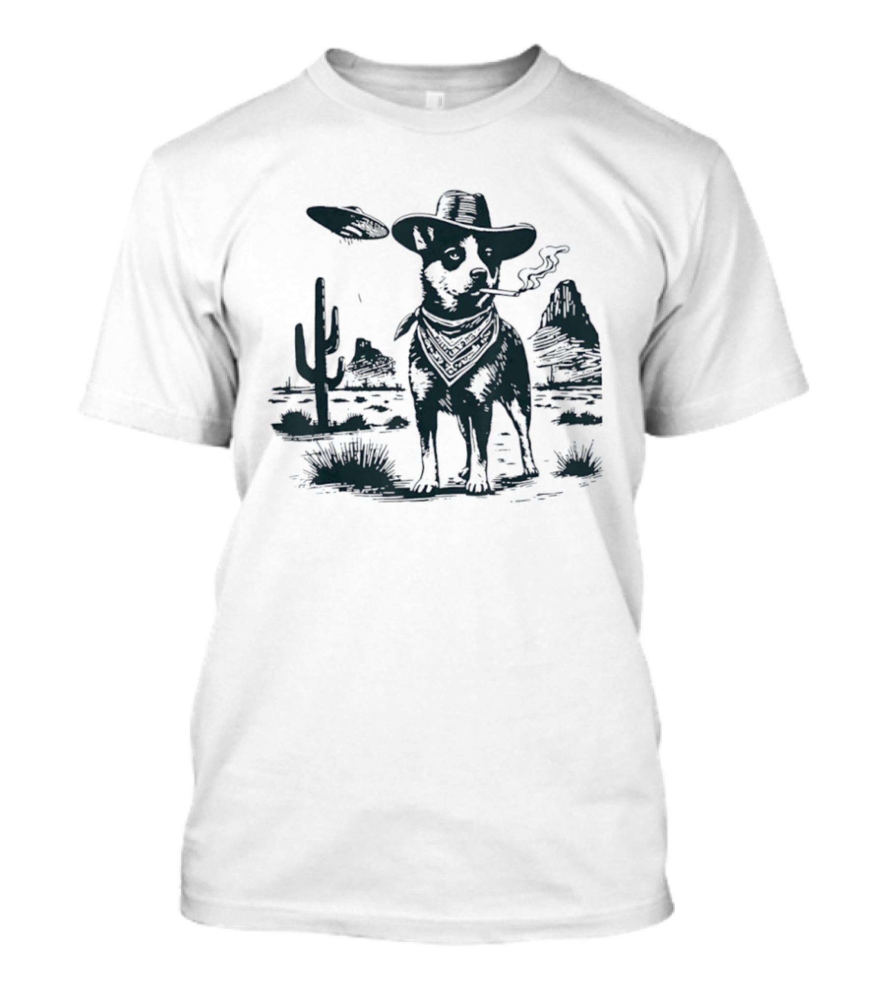 Australian Cattle Dog Smoking With UFO And Western Cowboy Desert Scene T-Shirt