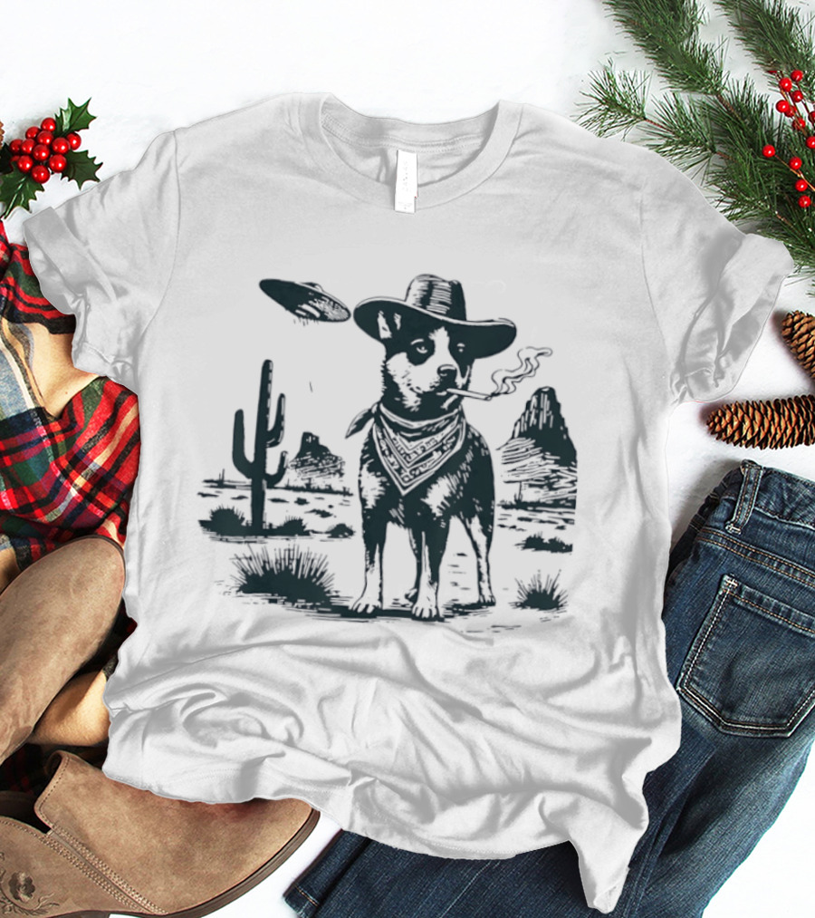 Australian Cattle Dog Smoking With UFO And Western Cowboy Desert Scene T-Shirt