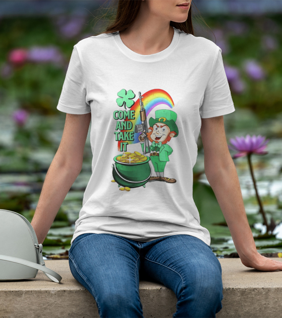St Patrick Leprechaun Rifle Rainbow Pot Of Gold Come And Take It T-Shirt