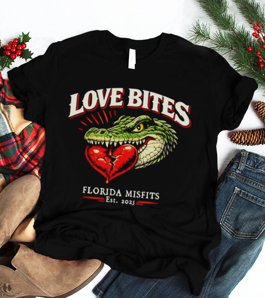 Love Bites Crocodile Broken Heart Florida Misfits Est 2025 T-Shirt