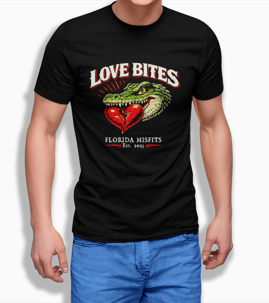 Love Bites Crocodile Broken Heart Florida Misfits Est 2025 T-Shirt