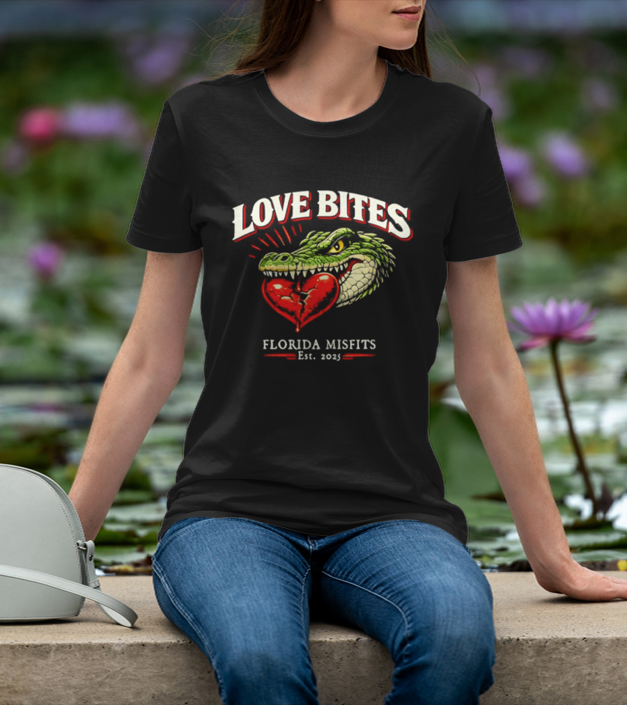Love Bites Crocodile Broken Heart Florida Misfits Est 2025 T-Shirt