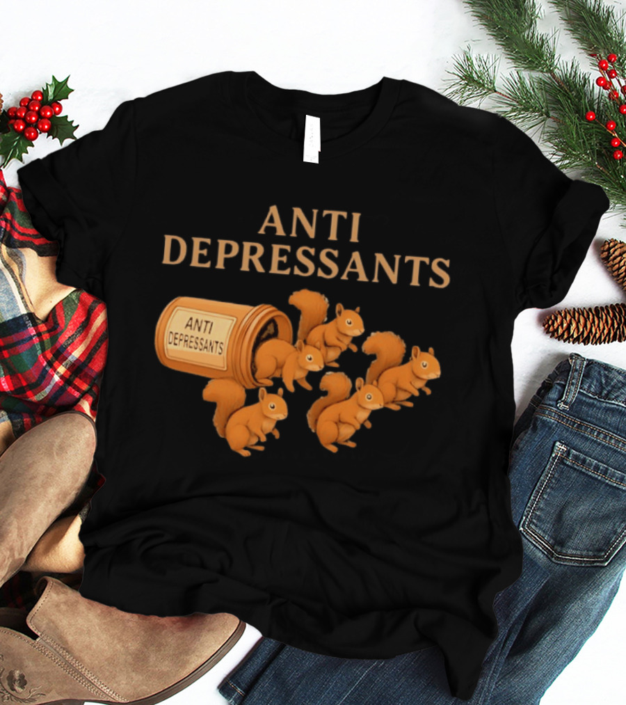 Squirrel Anti Depressants Funny Squirrels In Bottle T-Shirt