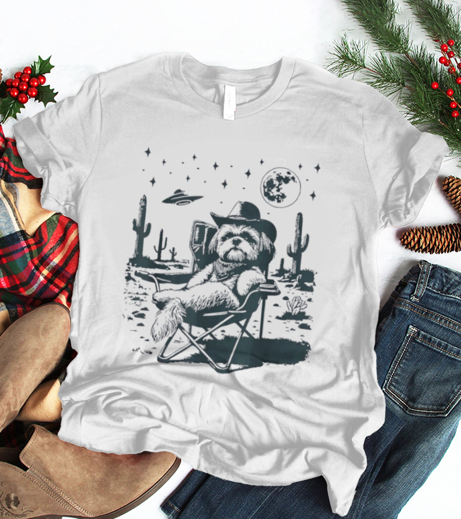 Shih Tzu Cowboys UFO Western Desert Scene Cactus Moon Stars T-Shirt