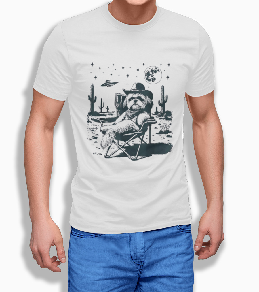 Shih Tzu Cowboys UFO Western Desert Scene Cactus Moon Stars T-Shirt