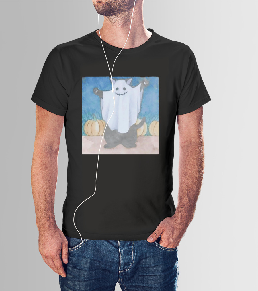 Spooky Black Cat In Ghost Costume With Pumpkins Halloween T-Shirt