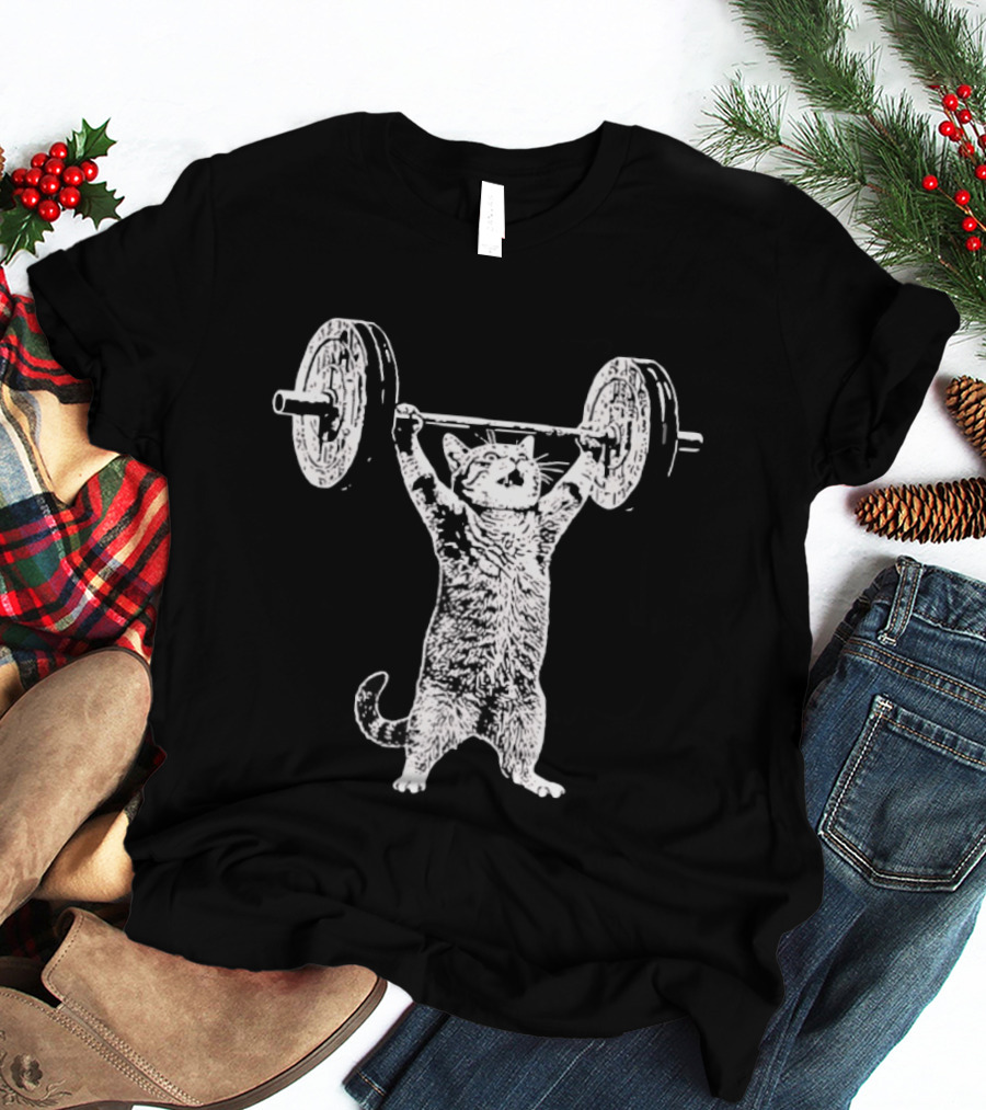 Cat Shoulder Overhead Press Weightlifting Feline Lifting Barbell T-Shirt