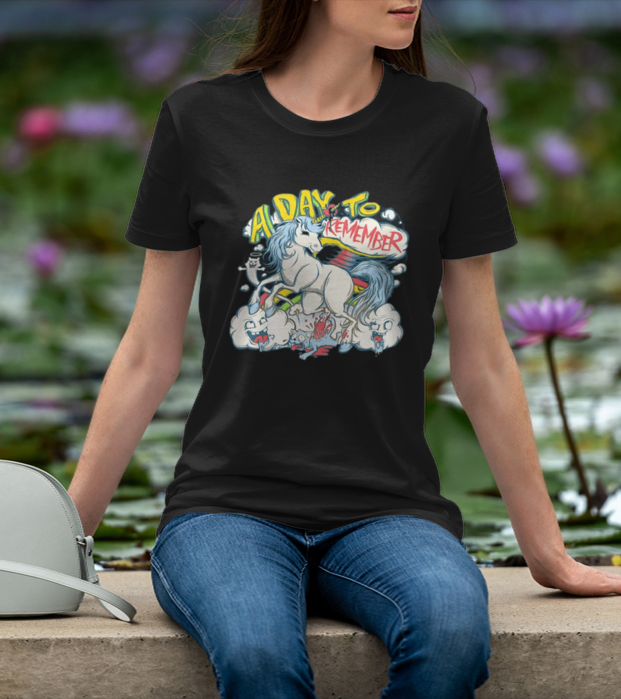 A Day To Remember Unicorn With Colorful Clouds And Characters T-Shirt