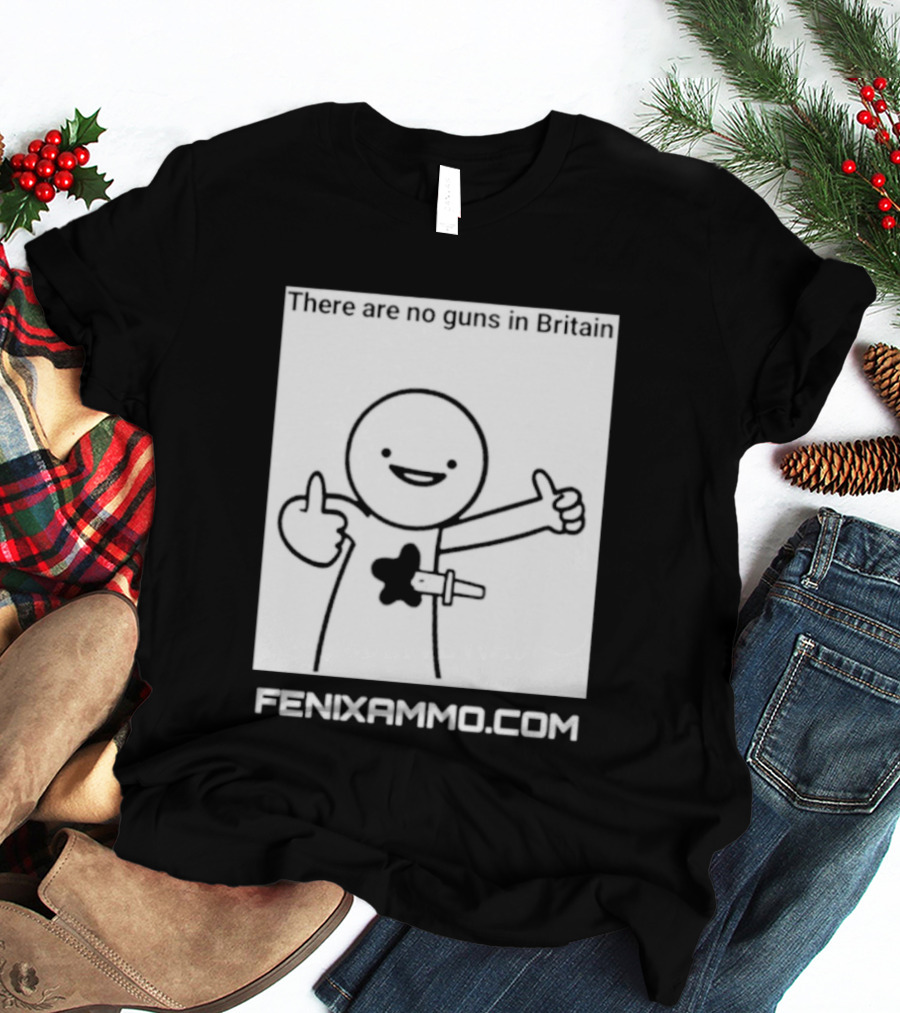 There Are No Guns In Britain Fenixammo Com Happy Character With Gun Hand Gesture T-Shirt