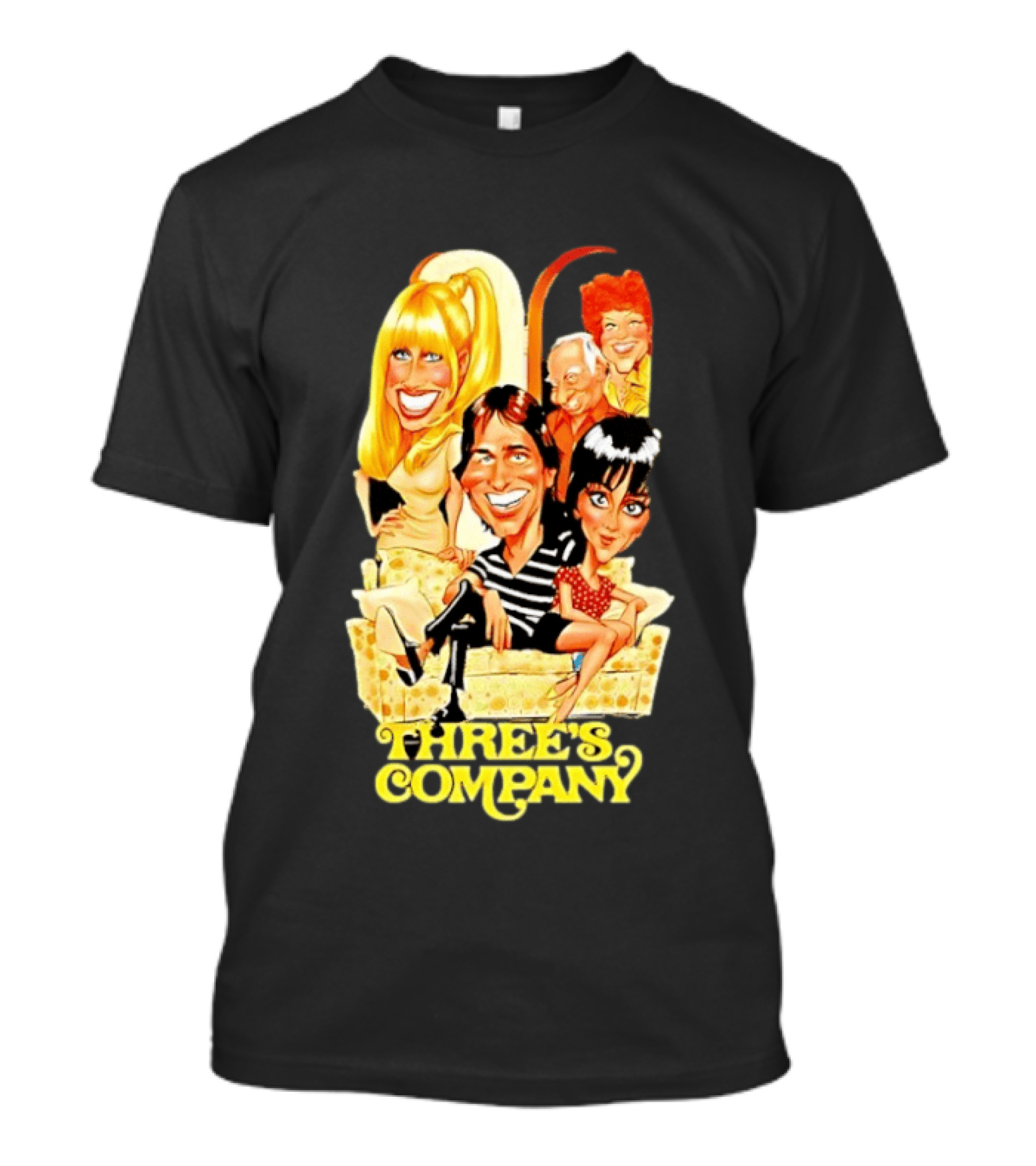 Threes Company 70s Caricature Cast Retro Sitting Couch T-Shirt