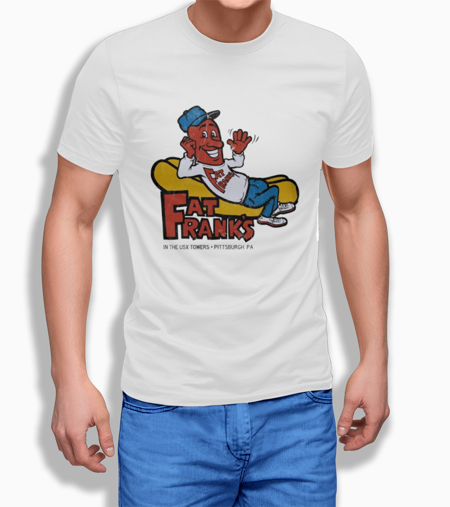 Fat Frank's In The USX Towers Pittsburgh PA Hot Dogs Retro Cartoon T-Shirt