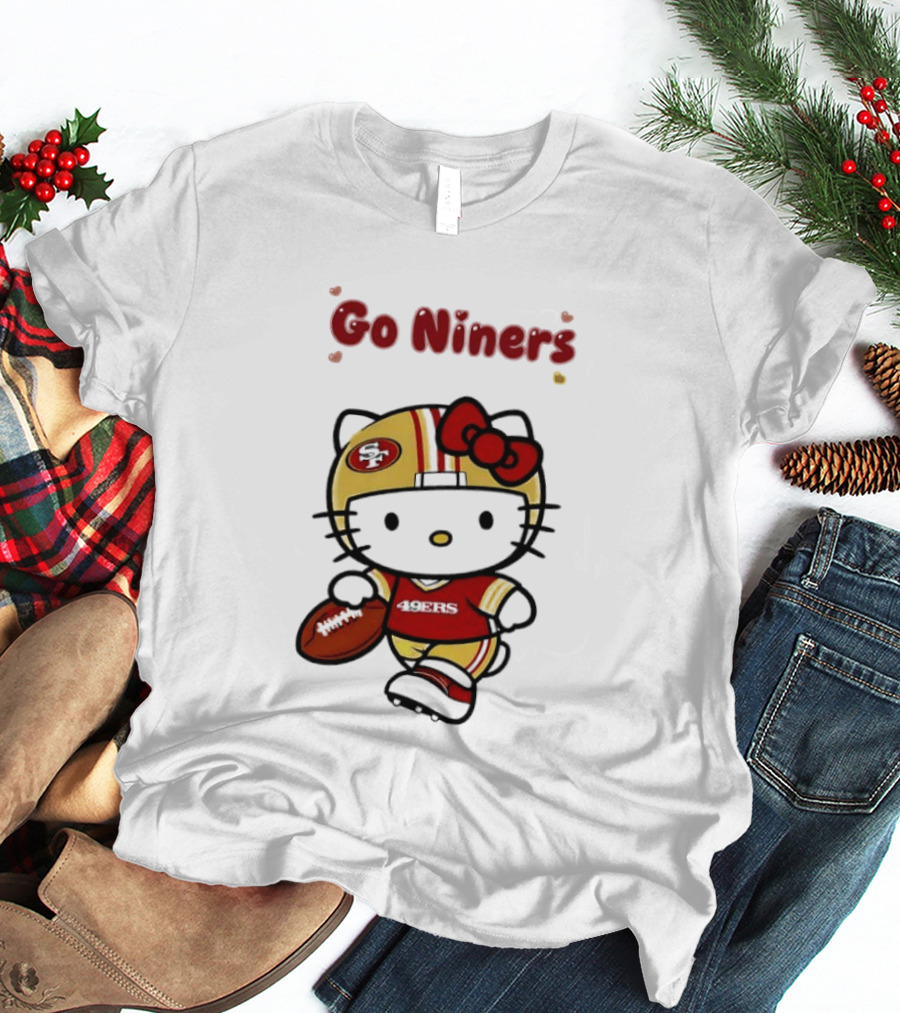 Go Niners SF Oval Gold Helmet Jersey Hello Kitty Football Bow T-Shirt