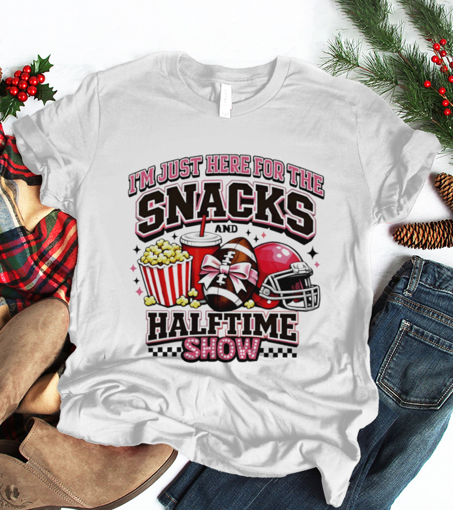 I'm Just Here For The Snacks And Halftime Show Football Popcorn Pink Coquette T-Shirt