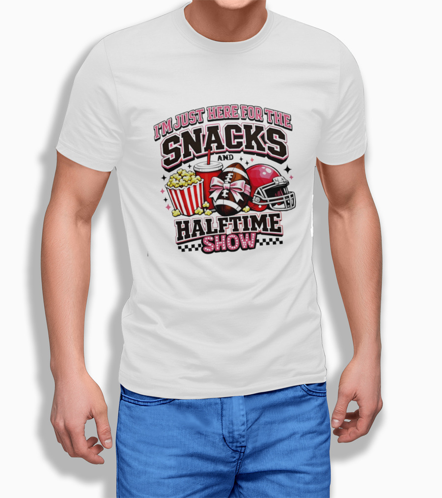 I'm Just Here For The Snacks And Halftime Show Football Popcorn Pink Coquette T-Shirt