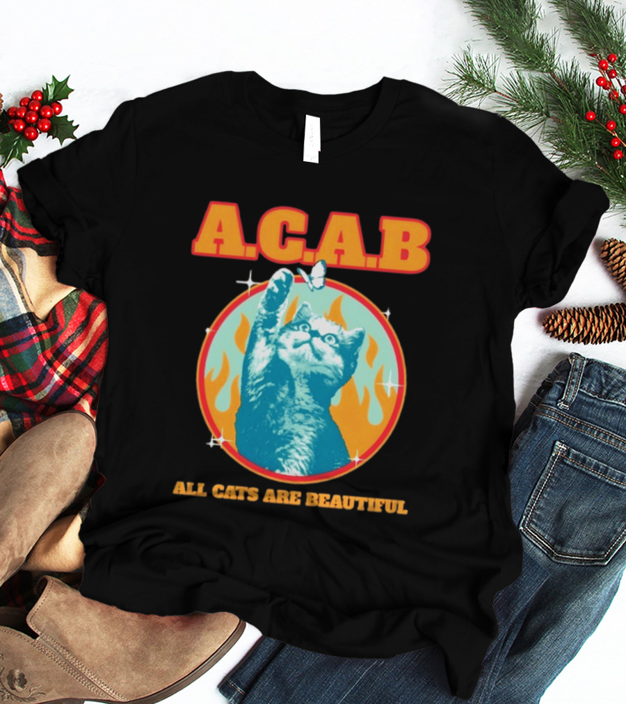 A.C.A.B Cat With Butterfly And Flames T-Shirt