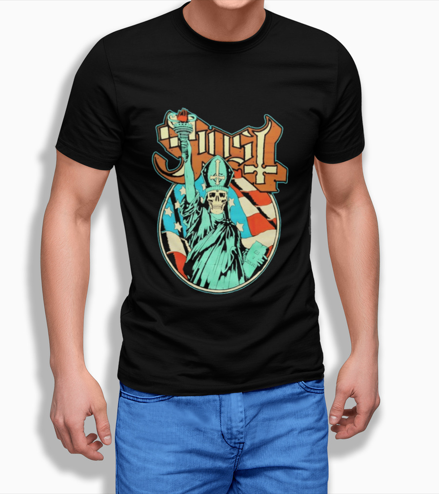 Ghost Statue Of Liberty Skeleton Torch Metal Band T-Shirt
