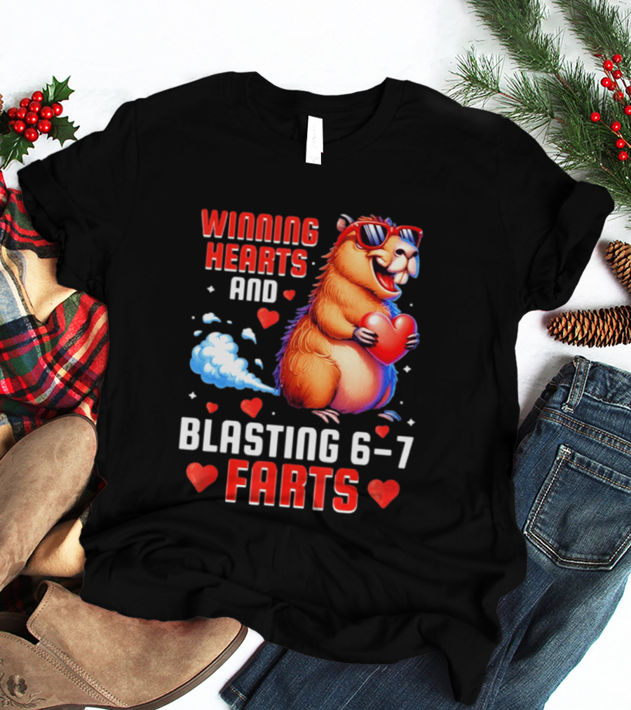 Winning Hearts And Blasting 6 7 Farts Capybara Valentine's Day T-Shirt