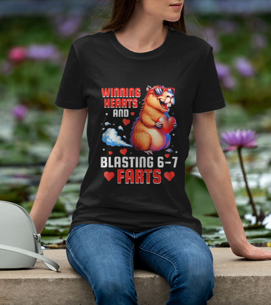 Winning Hearts And Blasting 6 7 Farts Capybara Valentine's Day T-Shirt