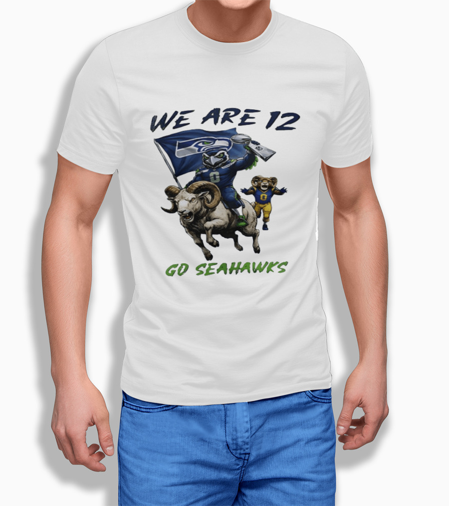 We Are 12 Go Seahawks Riding Goat With Seahawks Flag T-Shirt