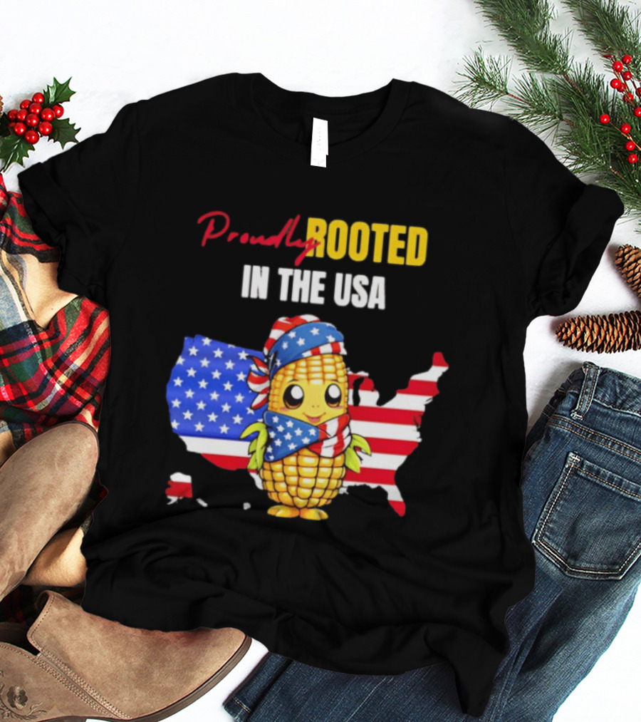 Proudly Rooted In The USA Corn American Flag Map T-Shirt