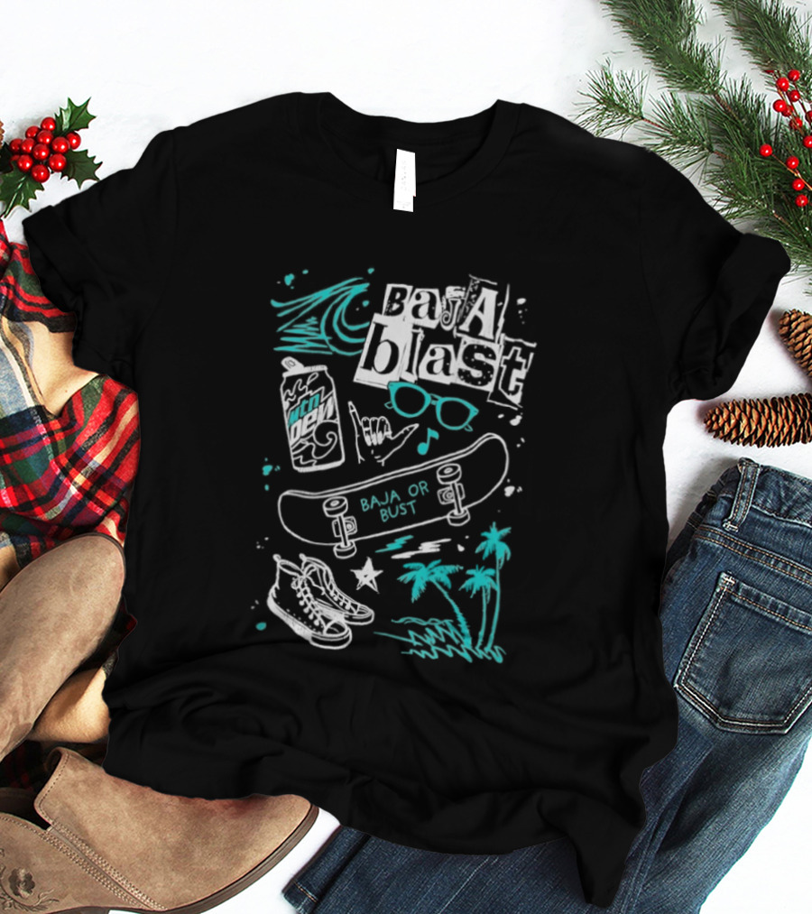Mountain Dew Baja Blast Skateboard Surf Vibes Ocean Palms Adventure T-Shirt