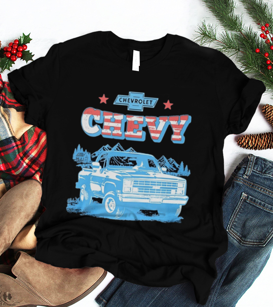 Chevy Chevrolet Truck Vintage Stars And Stripes Retro Mountain Scene T-Shirt
