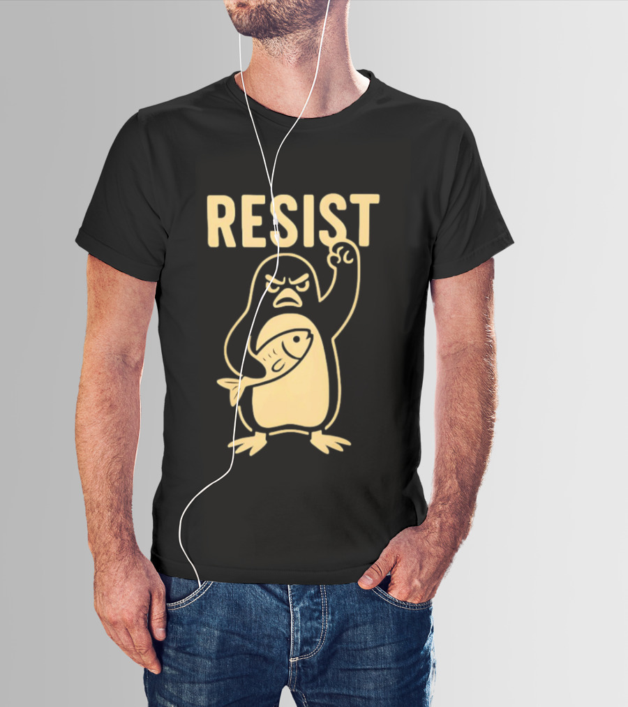 RESIST Angry Penguin Holding Fish T-Shirt