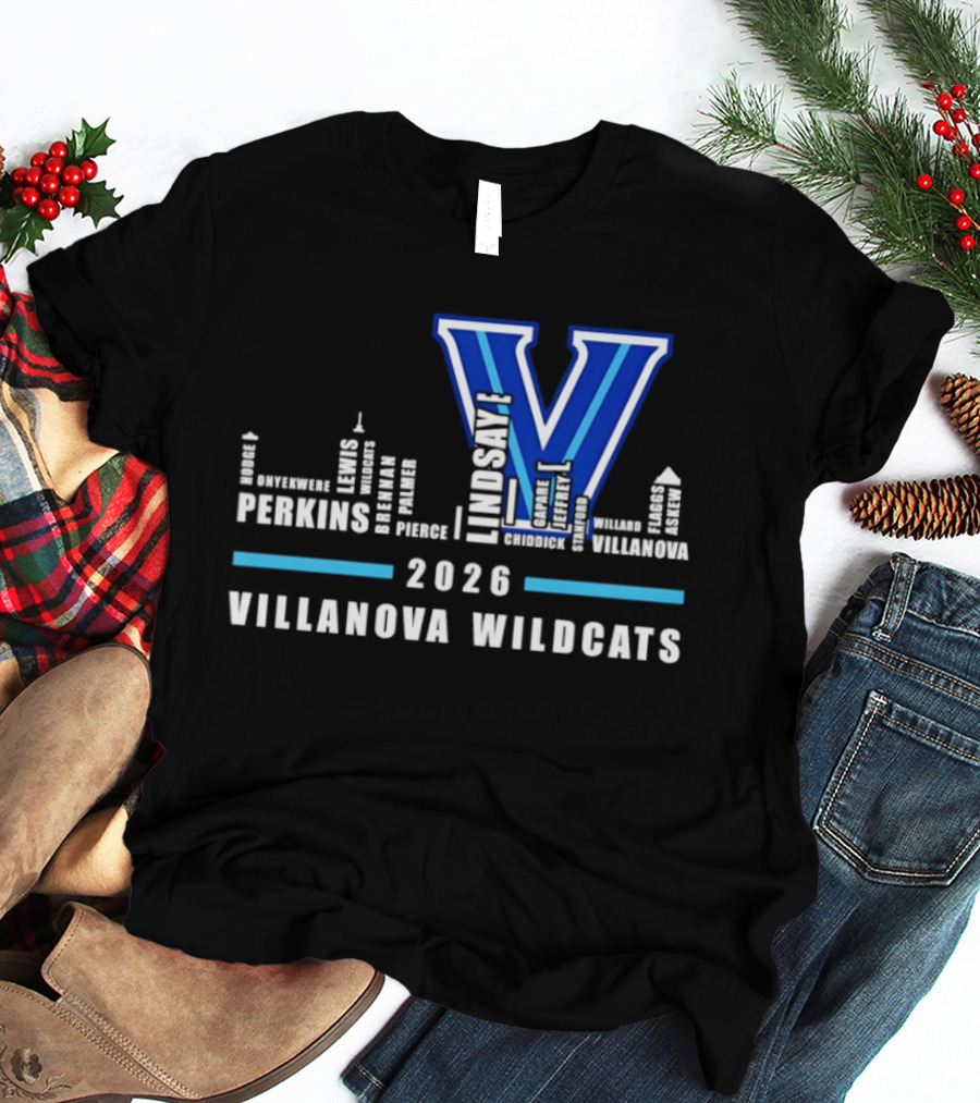 2026 Villanova Wildcats V With City Skyline And Player Names T-Shirt