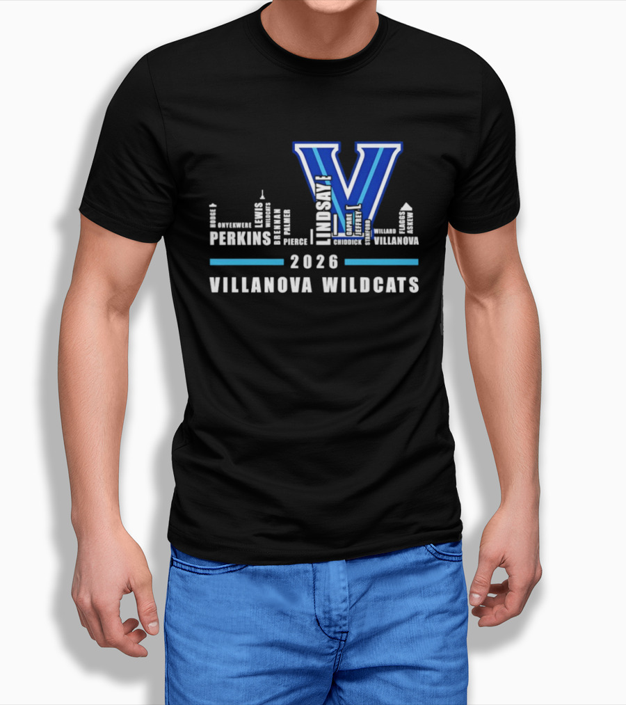 2026 Villanova Wildcats V With City Skyline And Player Names T-Shirt