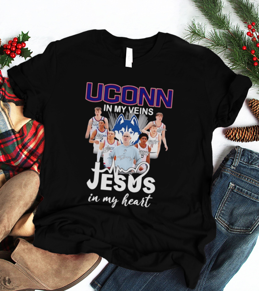 UConn Huskies Coach Dan Hurley Players Jesus In My Heart In My Veins T-Shirt